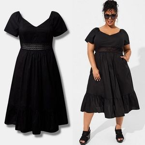 TORRID 2X Midi Poplin Sheer Waist Dress Plus Size Black Short Sleeves